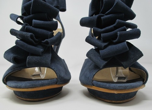 Aldo size 4 (37) blue suede high heel platform ruffle platform peep toe sandals - Picture 3 of 12