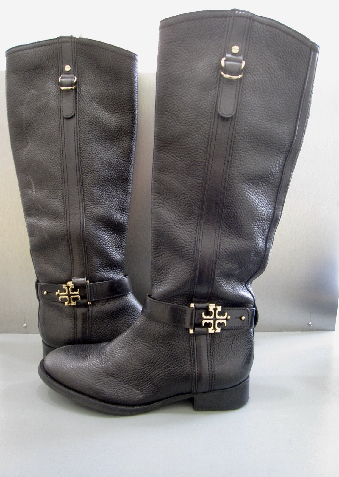 Tory Burch Elina Boots Black w/ Gold Logo Size  Adjustable Strap | eBay