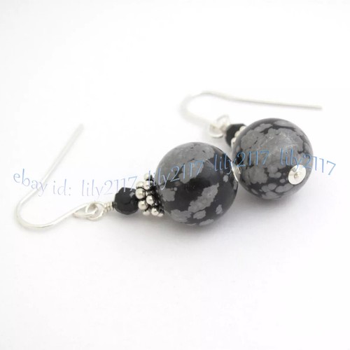 Natural Black Snowflake Obsidian Jasper Black Onyx Dangle Silver Hook Earrings - Picture 8 of 9