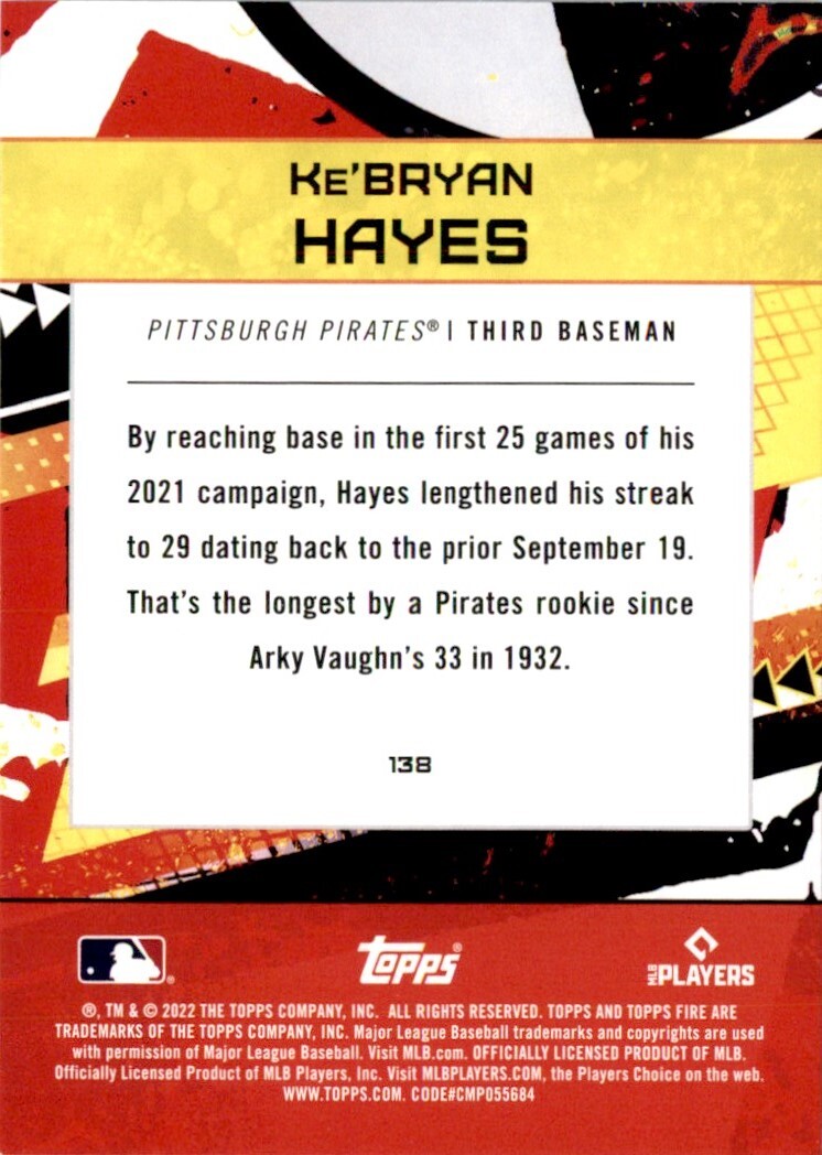2022 Topps Fire Ke'Bryan Hayes Pittsburgh Pirates #138 - Photo 2 sur 2