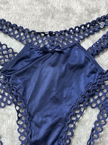 Vintage Liquid Nylon Shine Size XL Thong Bikini Gloss Soft Blue Strappy Panty - Picture 2 of 5