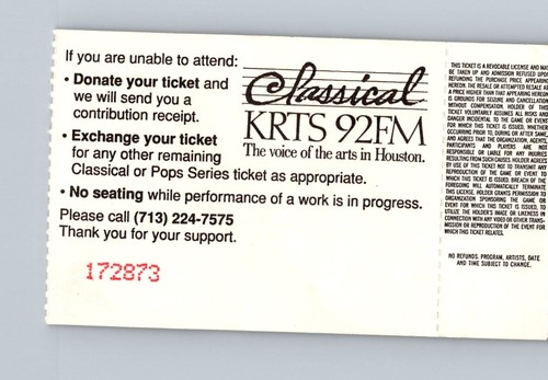 Biglietto Houston Symphony Stub Exxon Pops Hit the Trail Music Show 22/05/1992 - Foto 2 di 2