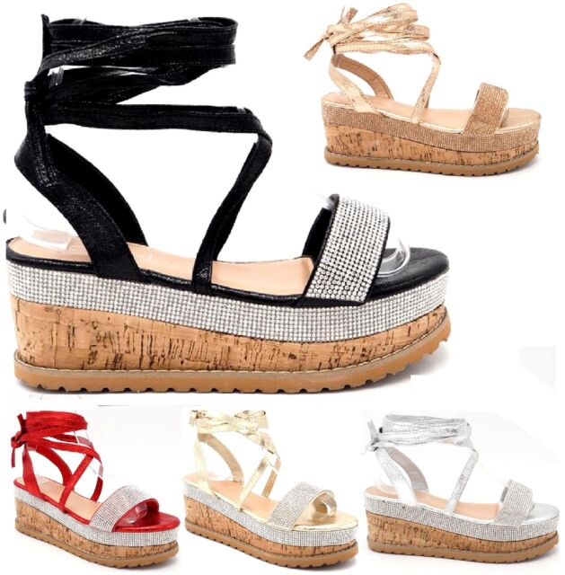 Womens Ladies Wedge High Heel Perspex Lace Up Espadrille Summer Sandals Size