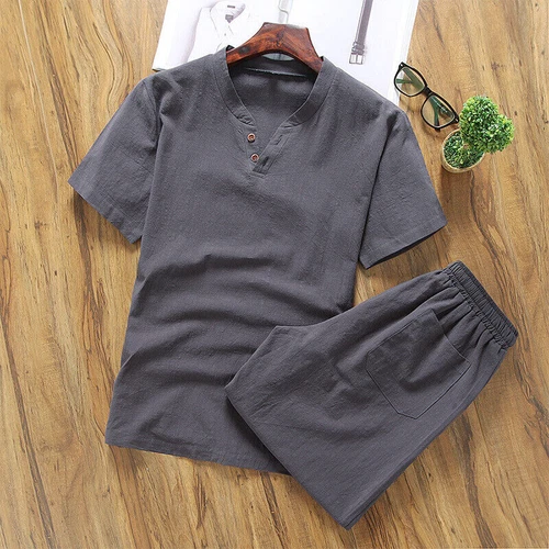 Herren Shorts Baumwolle Leinen Sommer Set 2er Set Kurzarm T-Shirt und Hose - Bild 9 von 30