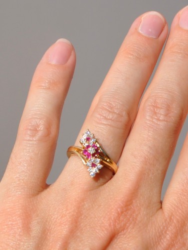 14k Solid Gold Natural Ruby & Earth Mined Diamond Flower Ring - Cluster Floral 4 - Picture 13 of 14