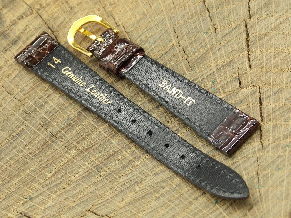Correa de reloj Band-It NOS de colección de grano de cocodrilo con hebilla de tono dorado 14 mm Foto 4 de 4