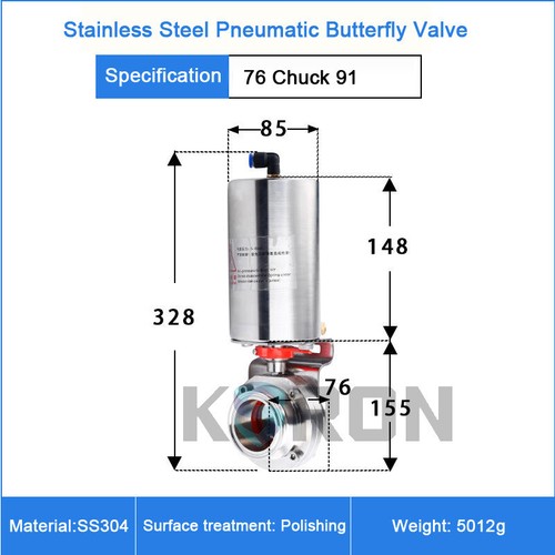 Válvula de mariposa neumática de acción simple sanitaria de tres abrazaderas SS304 Φ76 mm de 3"" - Imagen 2 de 7