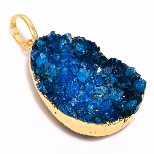Sky Blue Druzy Gemstone Ethnic Handmade .925 Gold Plated Pendant 1.7" GSR-3184