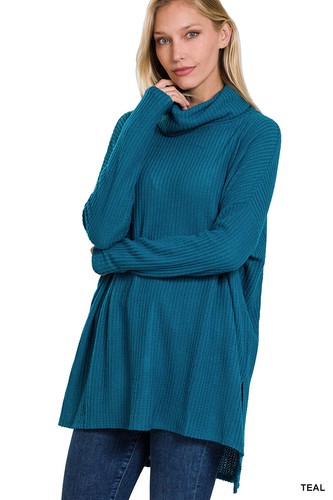 Women's Cowl Turtle Neck Brushed Thermal Waffle Knit Warm Top Oversized Sweater - Foto 13 di 15