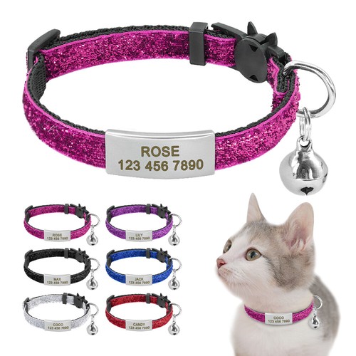 Sequins Cat Breakaway Collar&Slide On Tag Quick Release for Pet Dog Kitten&Bell - Afbeelding 1 van 18