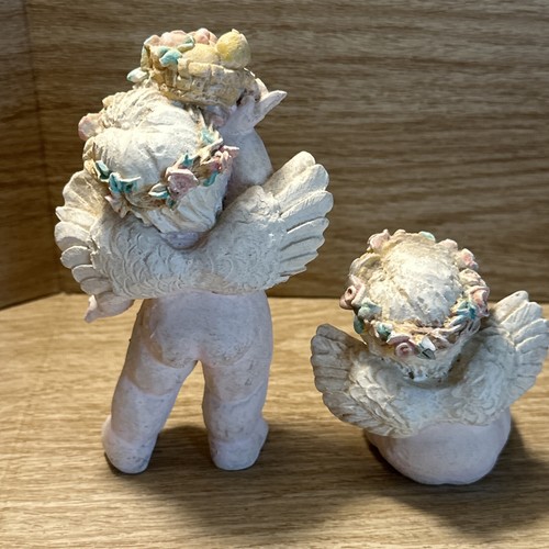 Angel Figurine 1990s Cherubs Pair Set Bird Fruit Basket Halo Blonde Children - Picture 7 of 13