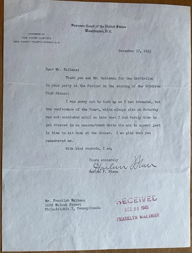 Lettre autographe Harlow Stone signée en tant que juge en chef de la Cour suprême