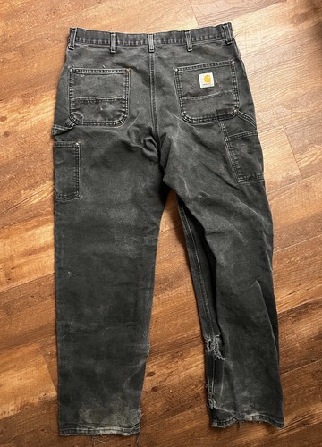 Black Carhartt Double Knee Dungaree Loose Fit Pants B01 BLK 40x36 - Picture 2 of 7
