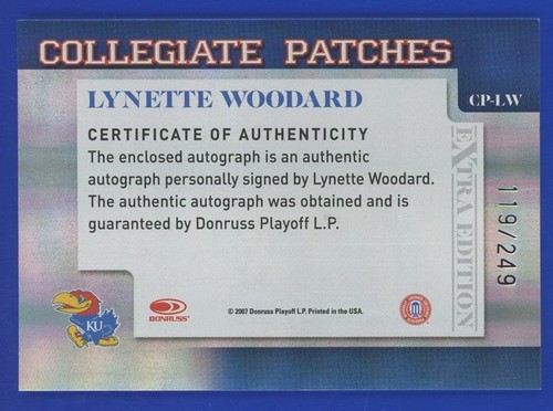 Lynette Woodard 2007 Elite 'Collegiate Patches' AUTO #'d 119/249 - Kansas - nice - Picture 3 of 3