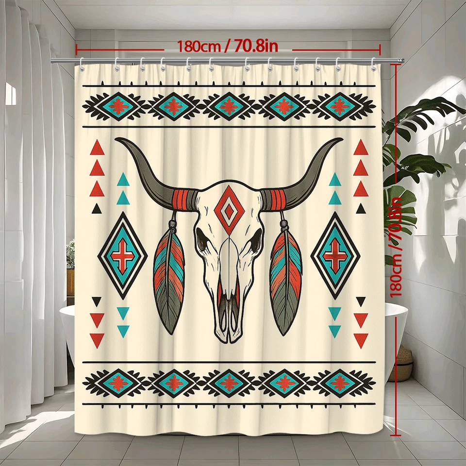 Cortina de Ducha Boho Calavera Vaca con Colorido Patrón Tribal Foto 3 de 4