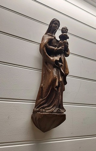 Antique Madonna Virgin Mary Wood Carved Religion Church Wall Statue 50 Cm - Bild 5 von 6
