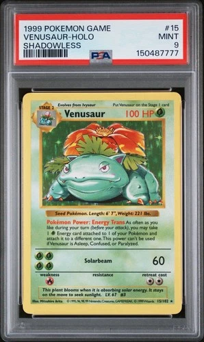 1999 PSA 9 POKEMON BASE SET SHADOWLESS #15 VENUSAUR-HOLO NEW CERT