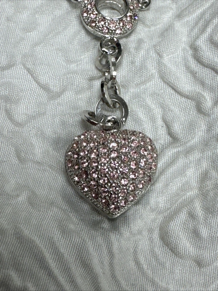 Винтажный серебро Pave блестящий розовый сердце подвеска и Rolo ссылка ожерелье - Изображение 3 из 4