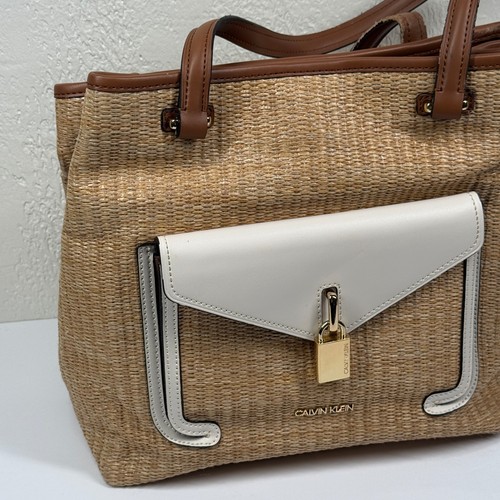 Bolso de Mano Calvin Klein Natural Paja y Marrón Blanco Cuero Borde Lona Rafia - Imagen 4 de 8