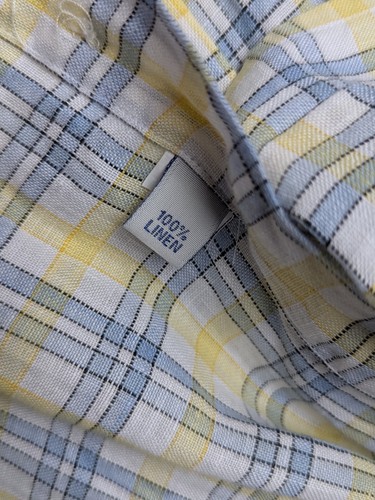 BARBOUR Vtg Country Shirt Linen Plaid White Yellow Blue Btn SHIRT Men's L - Picture 4 of 6