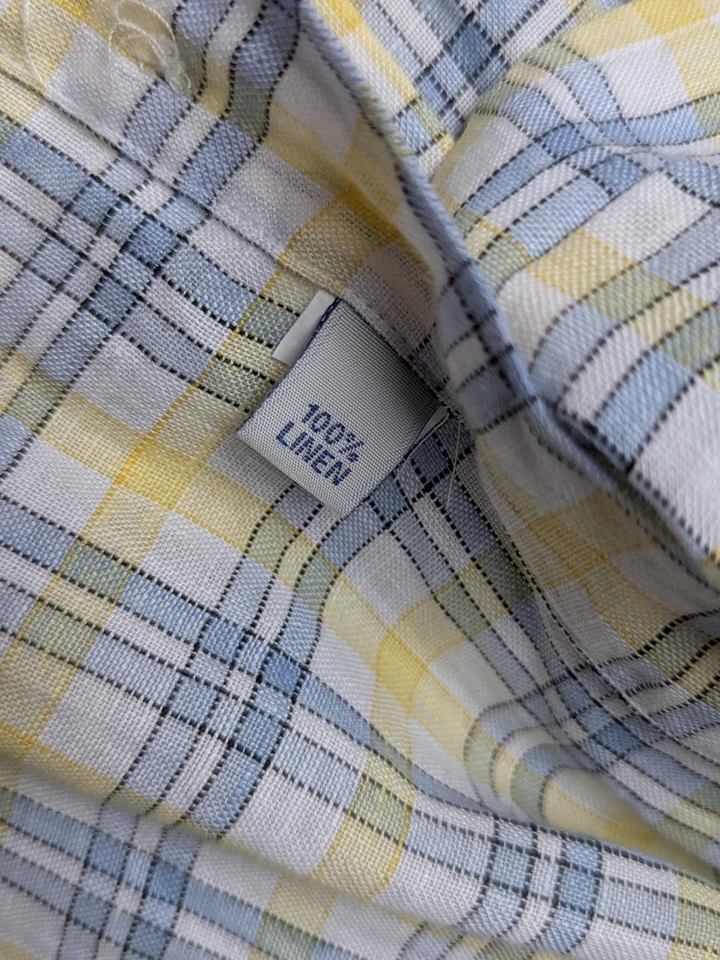 BARBOUR Vtg Country Shirt Linen Plaid White Yellow Blue Btn SHIRT Men's L - Image 4 of 4