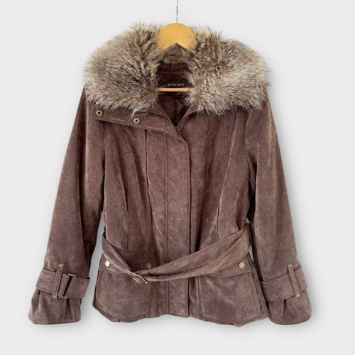 Principles Y2K Jacket Coat Fit 12 Brown Faux Suede Faux Fur Collar Zip Boho READ - Picture 1 of 16