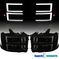 Fits 2007-2014 GMC Sierra 1500 3500HD Projector Headlights LED Strip Black Smoke