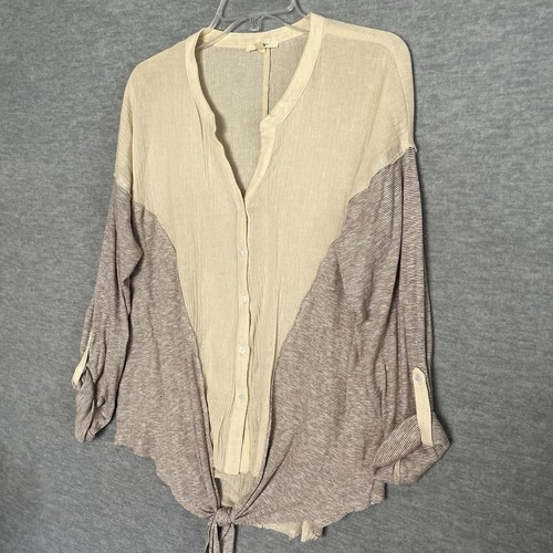 Mystree Boho Gauze Top Size L Waffle Knit Roll Tab Sleeve Neutrals Beachy Hippie - Picture 2 of 11