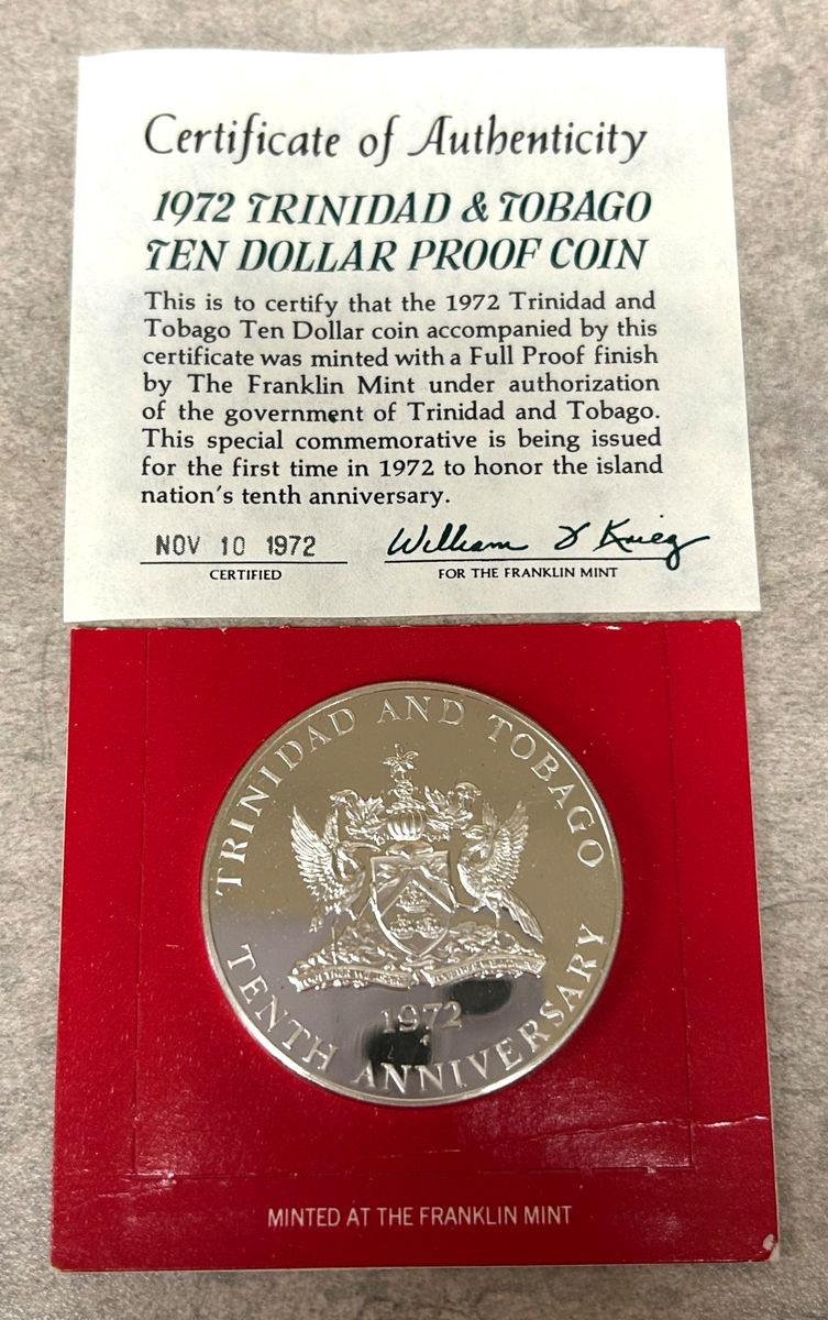1972 Trinidad & Tobago 10th Anniv. $10 Silver Proof Coin - OGP