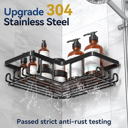 Stainless Steel Corner Shower Caddy L-Shaped Organizer W/ Hooks & Soap Holder US - Picture 12 of 34