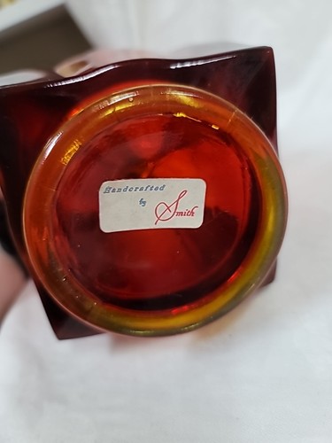 Vintage LE Smith Amberina geschwungene Glasvase vier Finger quadratischer Boden 20,5" leuchtet - Bild 9 von 9
