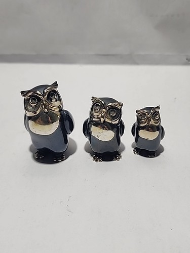 Miniature Set of 3 Oxidized 800 Silver Owl FIGURINES Rare Vintage Animals - Picture 1 of 18