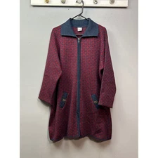 BURCAK TEKSTIL Womens XL Knit Full Zip Coatigan Sweater Jacket Red Blue Geo