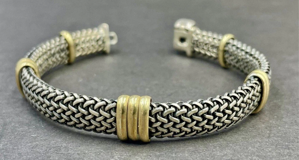 Ross-Simons Italian 925 Silver & 18kt Gold Woven Bracelet 7” - Image 2 of 4