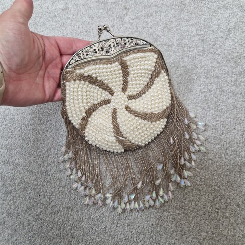 Vintage Clutch Evening Bag Beaded Pearl Handbag Fringe Bridal Wedding Party - Picture 12 of 12