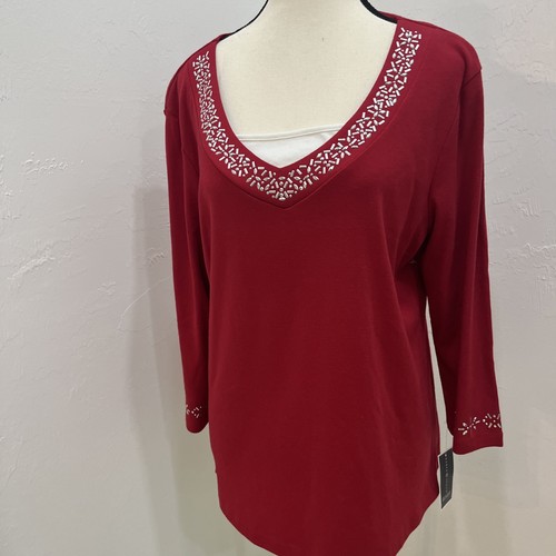 NWT Karen Scott Women's Beaded 3/4 Sleeve V-Neck T-Shirt Red Size L - Picture 2 of 10