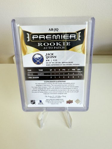 2022-23 UD Jack Quinn Acetate Premier Rookie Auto Patch /35 RPA Sabres AR-JQ - Bild 2 von 2