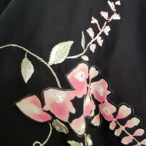 Oscar De La Renta Pink Label Long Black Pink Floral Embroidered Satin Robe Sz Lg - Bild 10 von 16