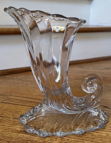 Vintage Heisey CLEAR Blown GLASS Warwick CORNUCOPIA VASE 9” H x 7” L x 5” W USA - Picture 1 of 11