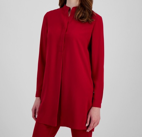 Anne Klein Damen Rot Split Neck Langarm Nehru Tunika Bluse Top Gr. XL