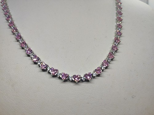 Collana donna Tennis. collana con Cuori rosa argento 925 Placcata oro bianco - Foto 5 di 13