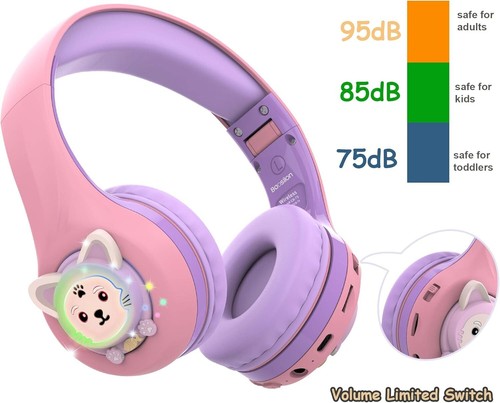 Kids Headphones Wireless/Wired with Mic, Light Up Bluetooth Foldable Headphones - Picture 7 of 9