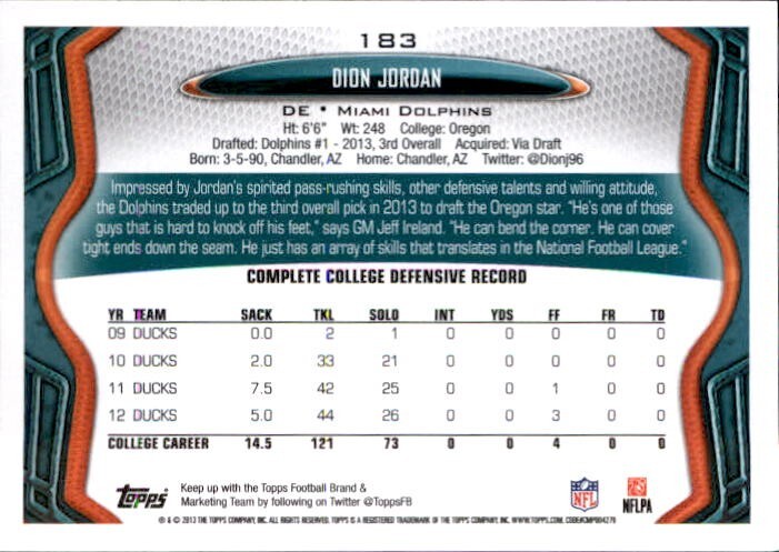 Dion Jordan 2013 Topps Rookie Card #183 - Picture 2 of 2