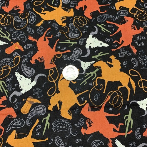 Cowboy Western Roping Fabric Remnant By Hancock Fabrics Horses Boots Rust Black - Picture 7 of 15
