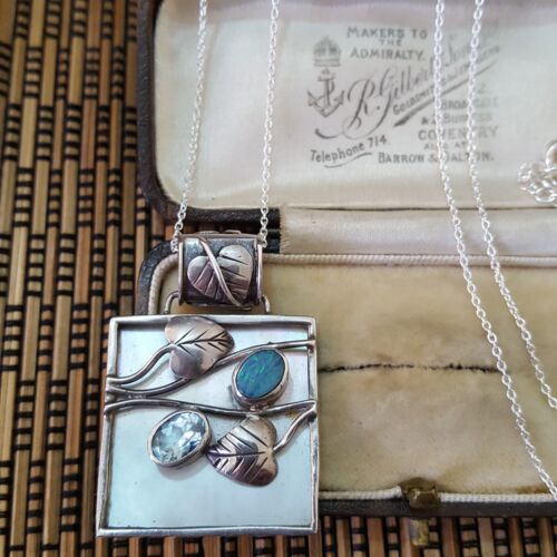 Vintage 925 Sterling Silver Necklace, Australian Opal, Mother Of Pearl Pendant - Picture 3 of 9
