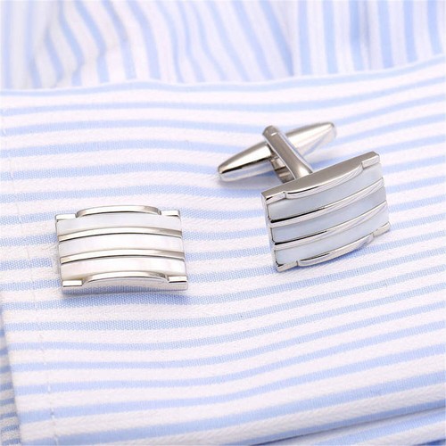 1 Pair Chic Business Mens Shirt Cufflinks Brass Rectangle Cuff Links Silver Tone - Picture 4 of 8
