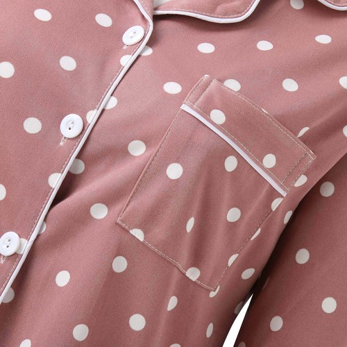 Women Pajamas Set Lapel Button Polka Dots Long Sleeve Shirt with Pants Two Piece - Picture 21 of 33