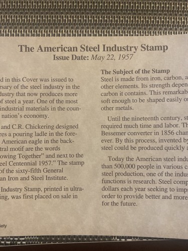1957 AMERICAN STEEL INDUSTRY POSTAL COMMEMORATIVE SOCIETY FIRST DAY ISSUE STAMP - Picture 3 of 5
