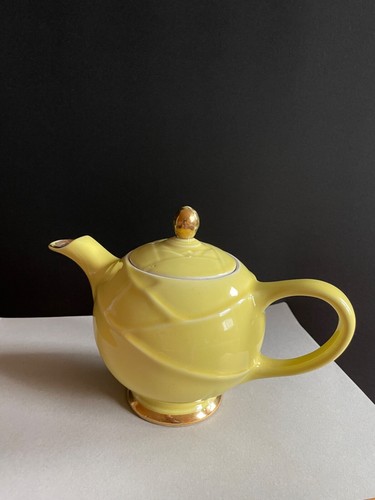 Hall kanariengelb Teekanne Gold Details rund 6 Tassen Mid Century MCM Vintage 0219 - Bild 7 von 7