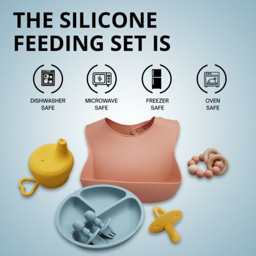 Feeding Set Blue Silicone Baby Set 6pc bib plate utensils cup cover pacifier new - Picture 8 of 12